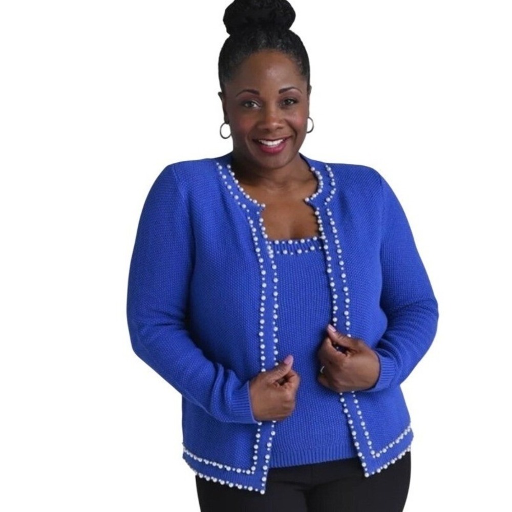 Kate & Mallory Blue Pearl Embellished Knit Cardigan Tank Set Size S NWOT
